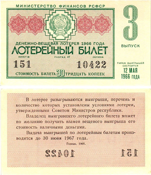 Министерство финансов РСФСР лотерейный билет денежно-вещевой лотерии стоимостью 30 копеек 1966 3-й выпуск, разряд 47 aUNC 8603-51-2-2