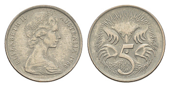 Австралия 5 центов 1966 Елизавета II (1952-2022) молодой портрет, ехидна KM 64 медно-никель 4151-156