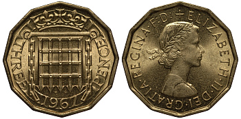 Великобритания 3 пенса 1967 Елизавета II (1952-2022) KM 900, Spink 4153 никель латунь UNC 650-1125