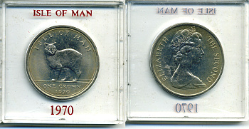 Остров Мэн 1 крона 1970 кошка Мэна, в оригинальной пластиковой коробке KM 18 медно-никель UNC 6-6-1-72
