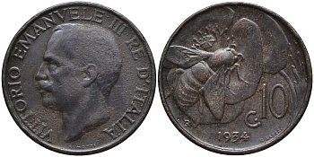 Италия 10 чентезимо 1934 R, пчела, Виктор Эммануил III (1900-1946) KM 60 бронза 4171-847