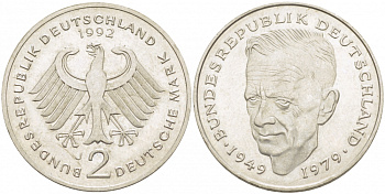 ФРГ 2 МАРКИ 1992 J, КУРТ ШУМАХЕР KM 149, J. 424 медно-никель плакированный никелем 3718-1025