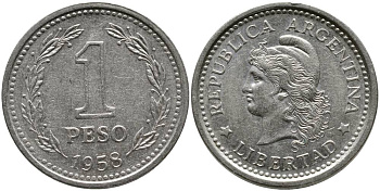 Аргентина 1 песо 1958 голова свободы влево KM 57 сталь плакированная никелем 4525-912