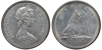 Канада 10 центов 1981 Елизавета II (1952-2022), парусник KM 77.2 никель 4124-519