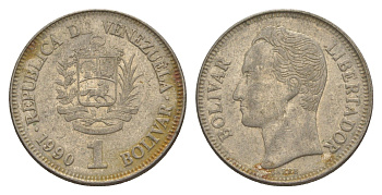 Венесуэла 1 боливар 1990 Симон Боливар, толстый шрифт Y 52a.2 сталь плакированная никелем 4592-127