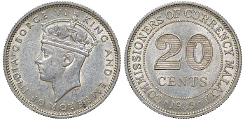 Британская Малайя 20 центов 1939 Георг VI (1937-1952) KM 5 серебро 53-357
