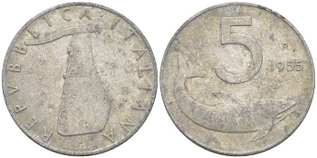 ИТАЛИЯ 5 ЛИР 1955 R, РУЛЬ, ДЕЛЬФИН KM 92 алюминий 175-125