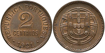 ПОРТУГАЛИЯ 2 СЕНТАВО 1921 РЕСПУБЛИКА КМ 568 бронза 413-2815
