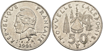 Французская Новая Каледония 50 франков 1991 хижина среди сосен и пальм, (IEOM) KM 13, Schoen 15, Lec 121 никель 4120-934