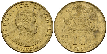Чили 10 сентесимо 1971 KM 194 алюминиевая бронза 4158-719