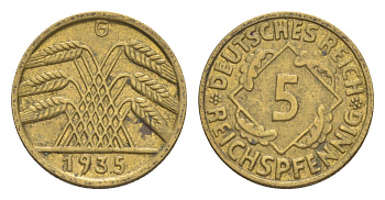 Германия 5 рейхспфеннигов 1935 G KM 39, J. 316 алюминиевая бронза 4636-756