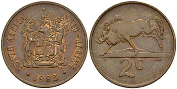 ЮАР 2 цента 1983 герб, антилопа гну KM 83 бронза 67-344