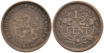 Нидерланды 1/2 цента 1917 Вильгельмина (1890-1948) KM 138 бронза 4576-414
