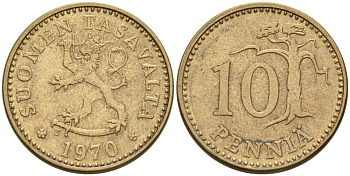 ФИНЛЯНДИЯ 10 ПЕННИ 1970 S KM 46 алюминиевая бронза 192-1034