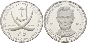 Экваториальная Гвинея 75 песет 1970 Авраам Линкольн, Президент США (1861-1865), в запайке KM 10.1 серебро PROOF 3831-412