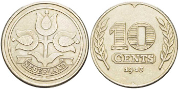 НИДЕРЛАНДЫ 10 ЦЕНТОВ 1943 РЕСТРАЙК, ДИАМЕТР 22,5 ММ. белый металл UNC 212-1014