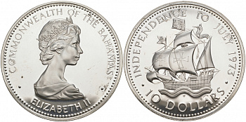 БАГАМСКИЕ ОСТРОВА 10 ДОЛЛАРОВ 1973 10 ИЮЛЯ ДЕНЬ НЕЗАВИСИМОСТИ, ПАРУСНИК САНТА-МАРИЯ, ВЕС 49,75 ГР., ТИРАЖ 63000 ЭКЗ. KM 42 серебро PROOF 02-009-14