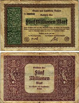 ААХЕН 5000000 МАРОК 1923 НОТГЕЛЬД, 20 ИЮЛЯ 1923, ЗЕМЛЯ СЕВЕРНЫЙ РЕЙН-ВЕСТФАЛИЯ, ВЫСОТА НОМЕРА 4 ММ. Keller 1b бумага 6318-37-2-2