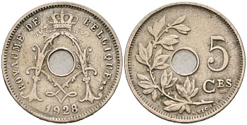 Бельгия 5 сантимов 1928 Belgique KM 66 медно-никель 46-822