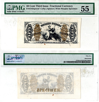 США, Fractional Currency 50 центов ND (1863) Образец аверса - Specimen. Широкие поля. Третий выпуск. В холдере компании PMG. Сохранность - «55». Аллегорическая женщина ("Правосудие") Friedberg № 1343-SP. бумага 452-3-64