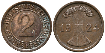 ГЕРМАНИЯ 2 РЕЙХСПФЕННИГА 1924 A KM 38, J. 314 бронза 24-713