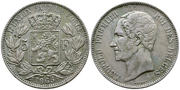 Бельгия 5 франков 1865 Леопольд I (1831-1865) KM 17 серебро 00-1067-6-24