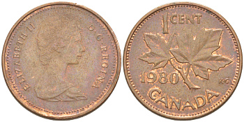 Канада 1 цент 1980 Елизавета II (1952-2022), кленовый лист KM 127 бронза 4181-1257