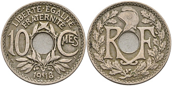Франция 10 сантимов 1918 тип Линдайё KM 866a, Le Franc 138.3 медно-никель 4143-835