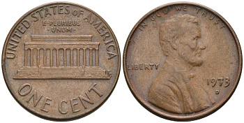 США 1 цент 1973 D, Линкольн КМ 201 медь цинк 4567-611