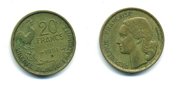 ФРАНЦИЯ 20 ФРАНКОВ 1951 B, ПЕТУХ, 4 ПЕРА KM 917.2, LE FRANC 402.8 алюминиевая бронза 84-823