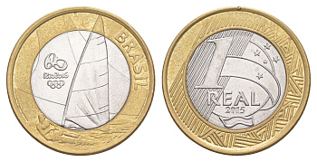 Бразилия 1 реал 2015 XXXI летние Олимпийские Игры, Рио-де-Жанейро 2016 - Парусный спорт KM 705 биметалл UNC 4646-156