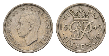 Великобритания 6 пенсов 1949 Георг VI (1936-1952) KM 875, Spink 4110 медно-никель 4627-823
