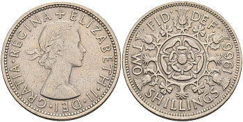 Великобритания 2 шиллинга (флорин) 1966 Елизавета II (1952-2022) KM 906, Spink 4146 медно-никель    4117-431