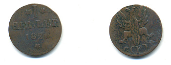 Франкфурт 1 геллер 1821 GB AKS 30, Jaeger 10, KM 301 медь 46-357