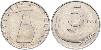 Италия 5 лир 1998 R, дельфин KM 92 алюминий  UNC  4594-1026