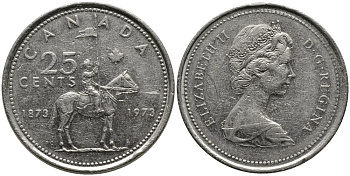 Канада 25 центов 1973 100 лет канадской горной полиции (1873-1973), Елизавета II (1952-2022) KM 81 никель 3336-246