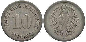 ГЕРМАНИЯ 10 ПФЕННИГОВ 1876 C, СТАРОГЕРБОВКА KM 4, Jager 4, Weege 7 медно-никель 4546-1133
