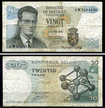 Бельгия 20 франков 1964 Бодуэн I, атомиум, Kestens Pick 138 (3) бумага 6299-29-2-2
