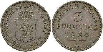 РЕЙС-ШЛАЙЦ 3 ПФЕННИГА 1864 А KM 70 медь 65-732