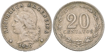 Аргентина 20 сентаво 1920 KM 36 медно-никель 4621-1062