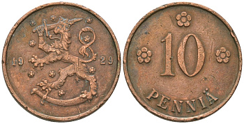 Финляндия 10 пенни 1929 KM 24 медь 4591-1113