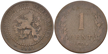 НИДЕРЛАНДЫ 1 ЦЕНТ 1901 ВИЛЬГЕЛЬМИНА (1890-1948), 15 ЩИТОВ KM 130 бронза 100-463