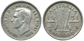 Австралия 3 пенса 1951 m, Георг VI (1937-1952), без букв KM 44 серебро 71-335
