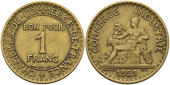 Франция 1 франк 1923 KM 876, Le Franc 218.5 алюминиевая бронза 4142-715