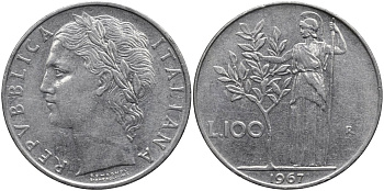 Италия 100 лир 1967 R, Афина в доспехах KM 96.1 нержавеющая сталь 4165-213