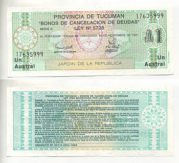 Аргентина, провинция Тукуман 1 аустраль 1991 Pick S 2711b бумага UNC (пресс) 6299-33-1