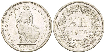 Швейцария 1/2 франка 1975 KM 23а.1 медно-никель 4532-1048