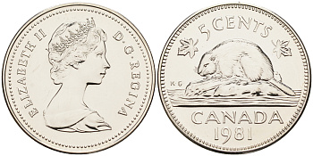 Канада 5 центов 1981 Елизавета II (1952-2022), бобер KM 60.2 никель  BUNC  4148-1234