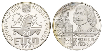 Нидерланды 20 евро 1996 400 лет со дня рождения Константейна Хёйгенса X 128 серебро PROOF 443-1343