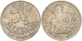 Чехословакия 100 крон 1949 700 лет Праву добычи серебра в Йиглаве KM 29 серебро 4111-1136